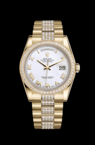 Rolex Day-Date 36 Yellow Gold Diamonds / President Diamonds / White Roman