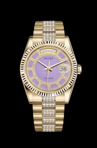 Rolex Day-Date 36 Yellow Gold Fluted / President Diamonds / Lavender Jade Carousel
