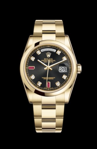 Rolex Day-Date 36 Yellow Gold Domed / Oyster / Black Diamonds Rubies