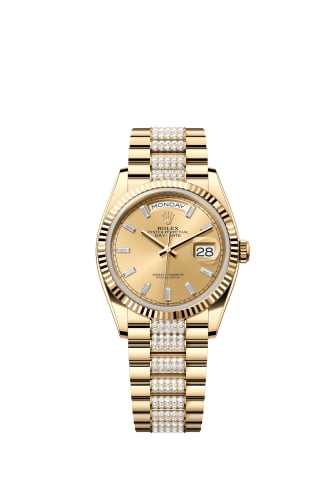 Rolex Day-Date 36 Yellow Gold / Fluted / Champagne - Baguette / President - Diamond
