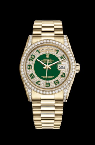 Rolex Day-Date 36 Yellow Gold Diamonds / President / Green Paved