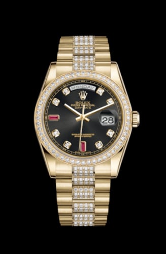 Rolex Day-Date 36 Yellow Gold Diamonds / President Diamonds / Black Diamonds Rubies