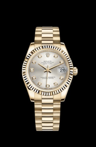 Rolex Datejust 31 Yellow Gold Fluted / President / Silver Diamond