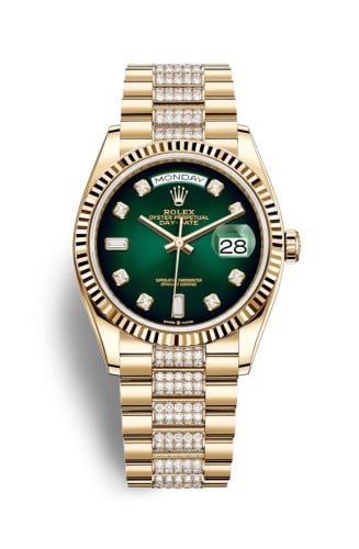 Rolex Day-Date 36 Yellow Gold / Fluted / Green Ombré-Diamond / President-Diamond