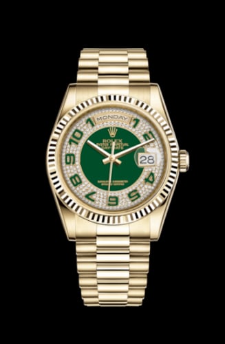 Rolex Day-Date 36 Yellow Gold Fluted / President / Green Paved