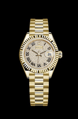 Rolex Lady-Datejust 28 Yellow Gold Fluted / President / Paved Roman