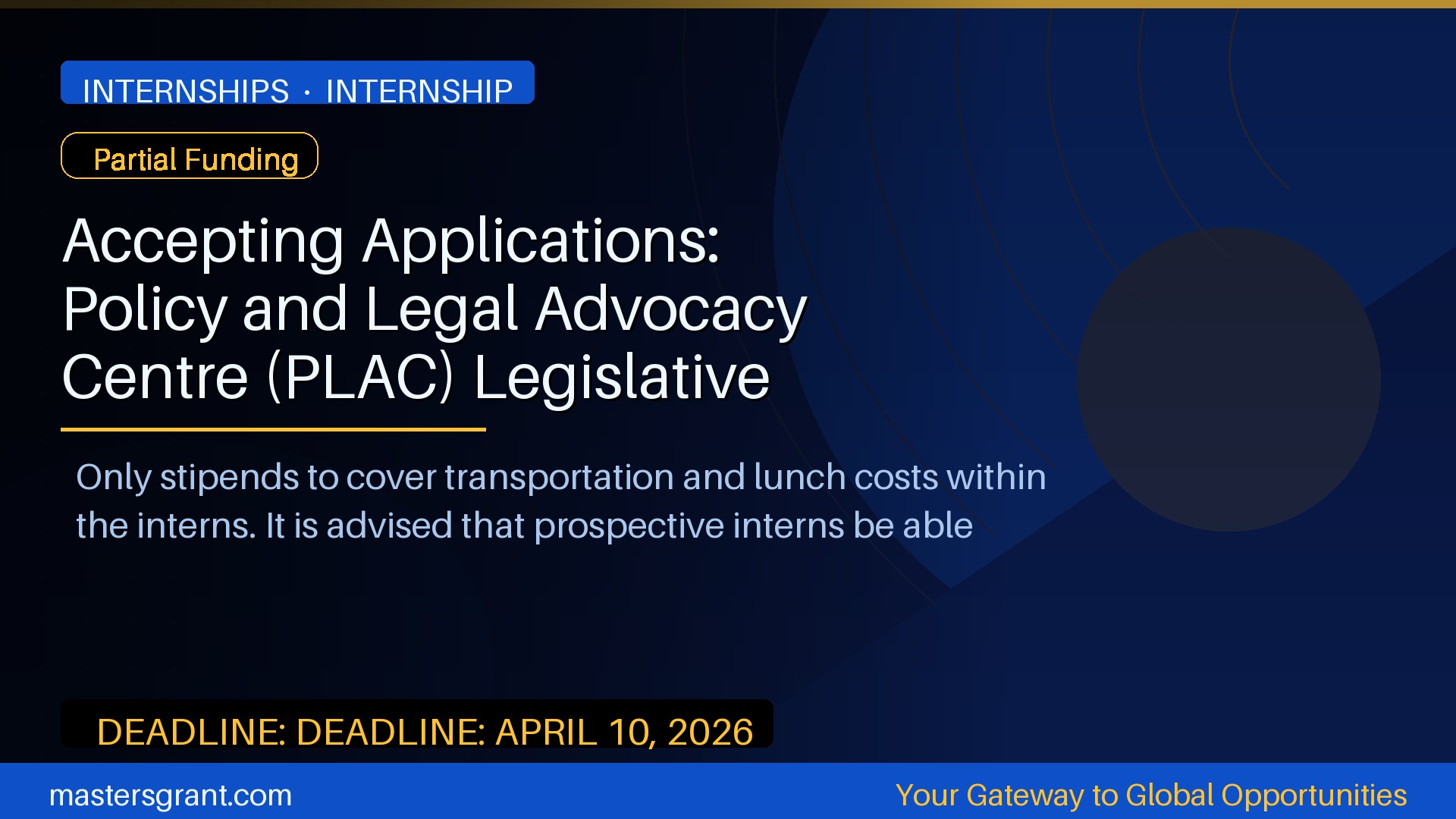 Accepting Applications: Policy and Legal Advocacy Centre (PLAC) Legislative Internship 2026 – Internship Banner