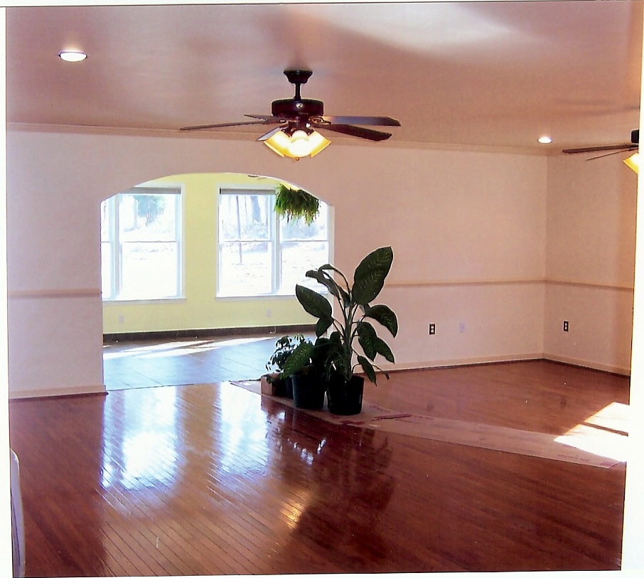 Indoor finished wooden floor and wide archway in a living room