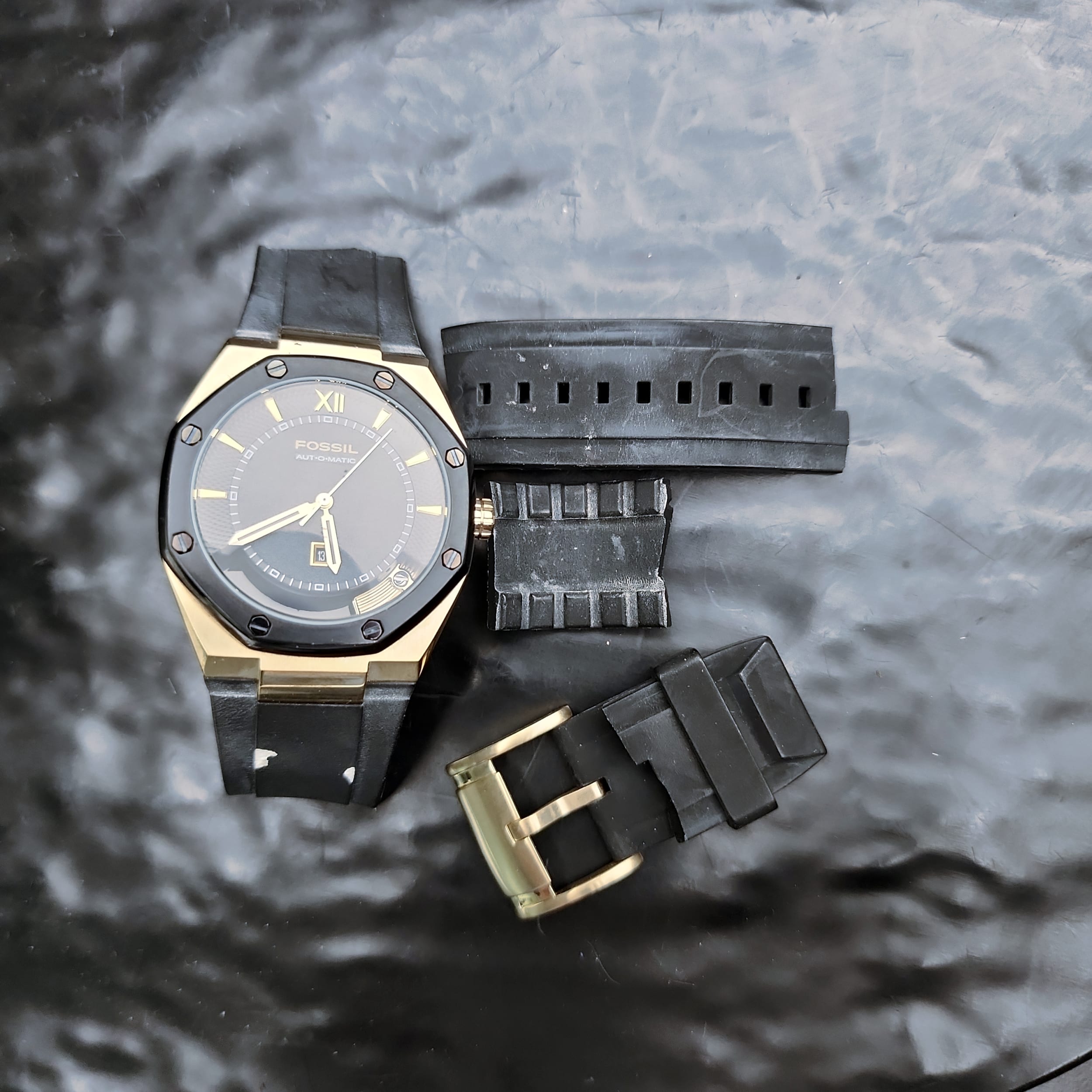 Fossil Arkitekt FS-4275 Automatic Mens Watch Black Gold Octagon 