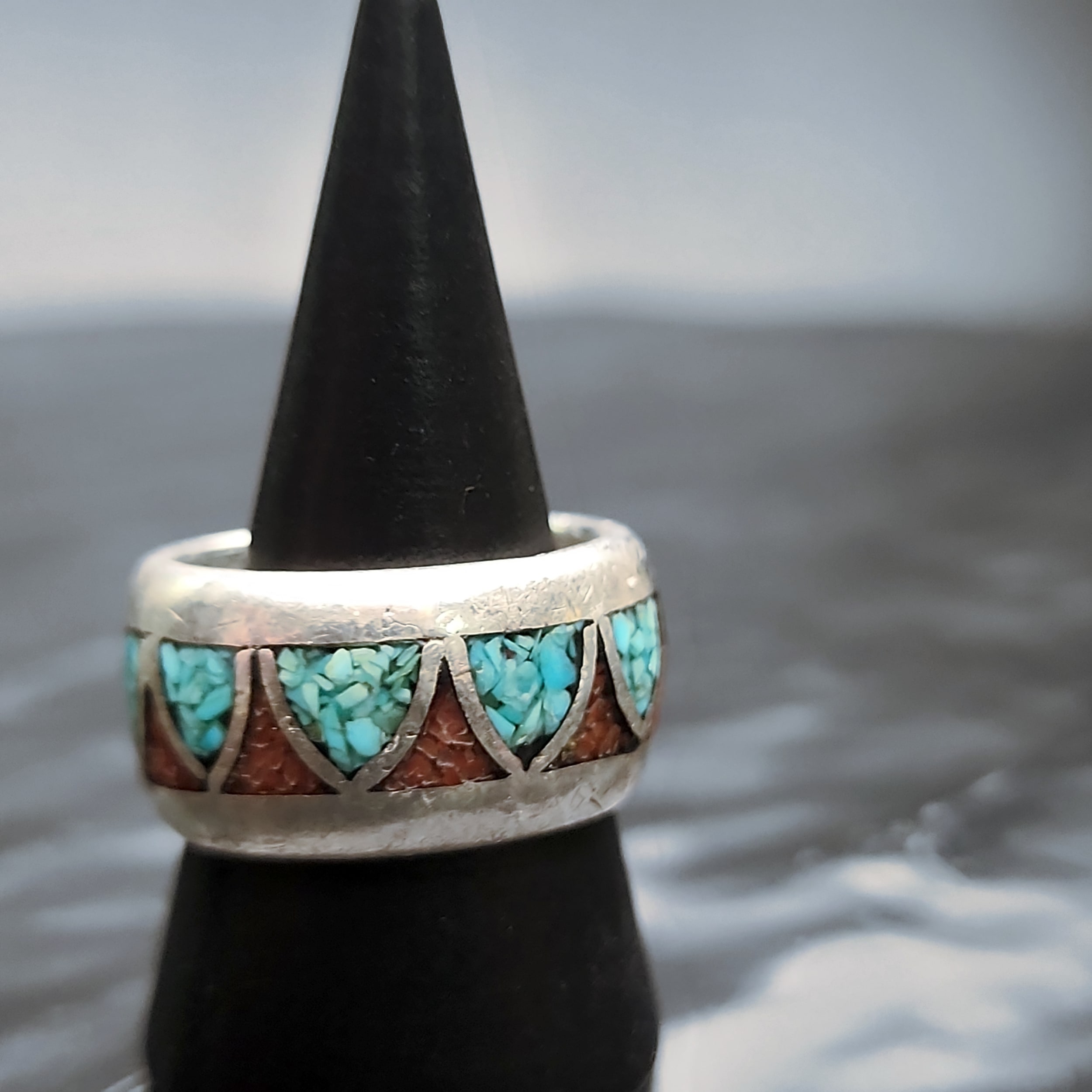 Southwestern Native American Inlay Ring Turquoise Coral 925 Sterling Sz 8.5 - Picture 1 of 5