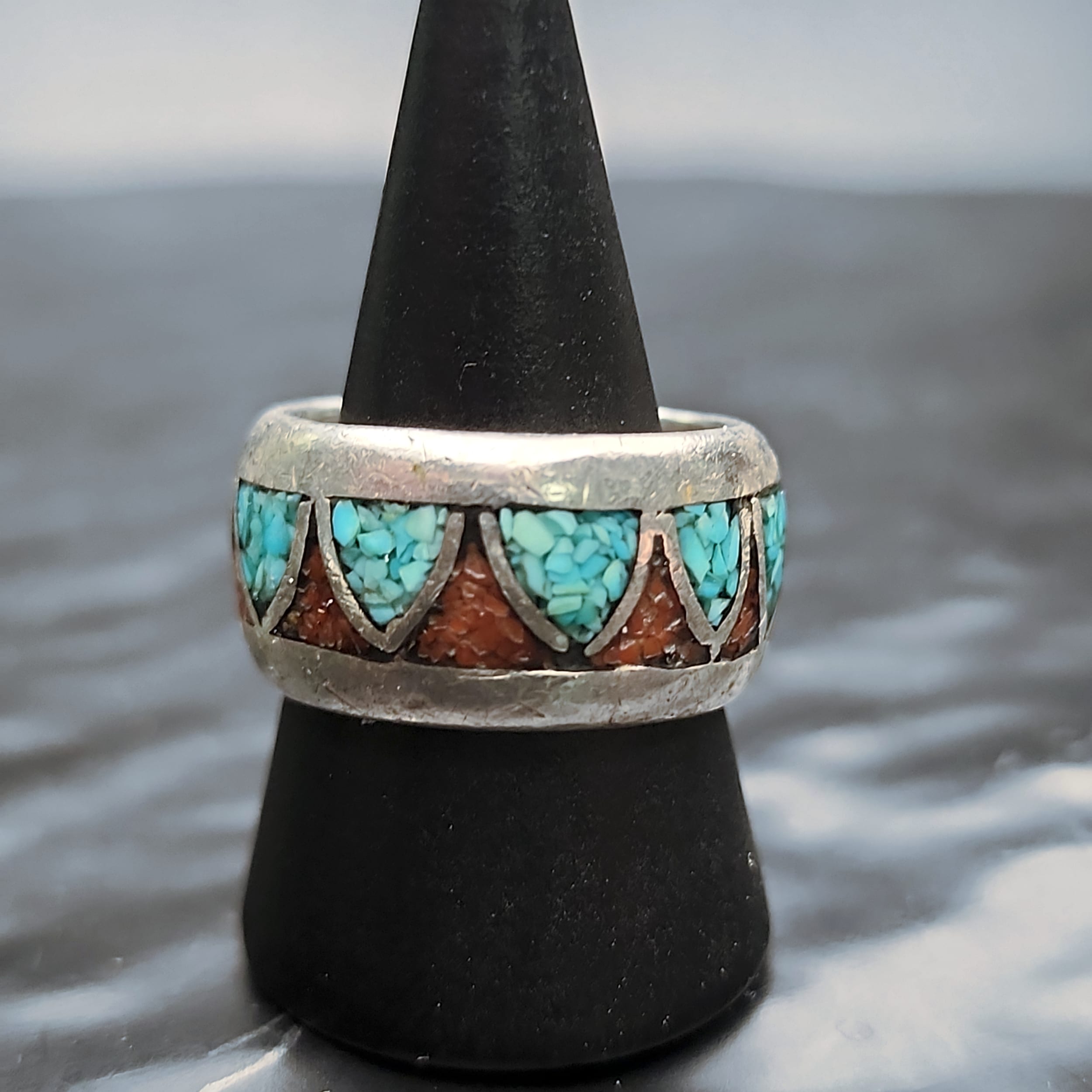 Southwestern Native American Inlay Ring Turquoise Coral 925 Sterling Sz 8.5 - Picture 3 of 5