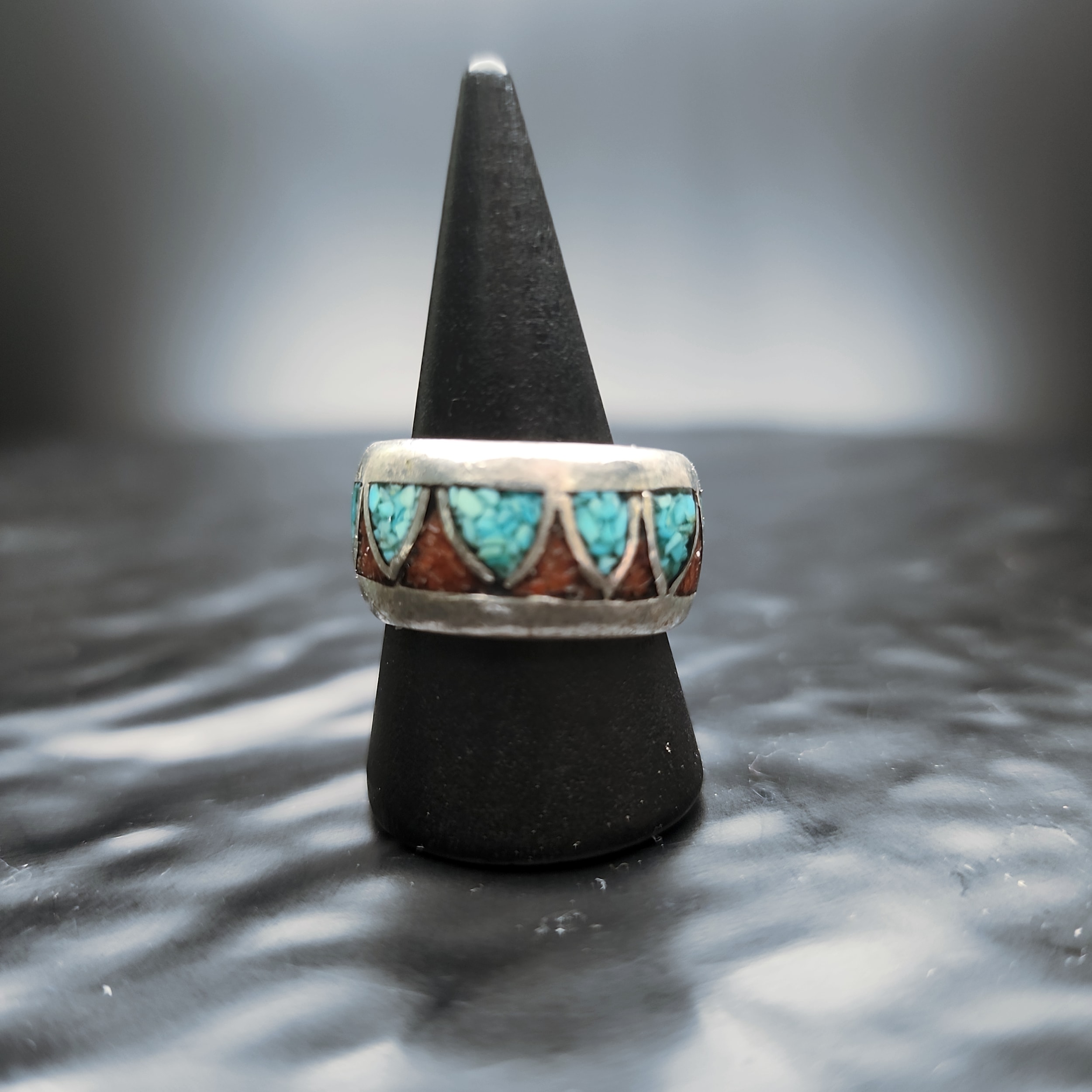 Southwestern Native American Inlay Ring Turquoise Coral 925 Sterling Sz 8.5 - Picture 4 of 5