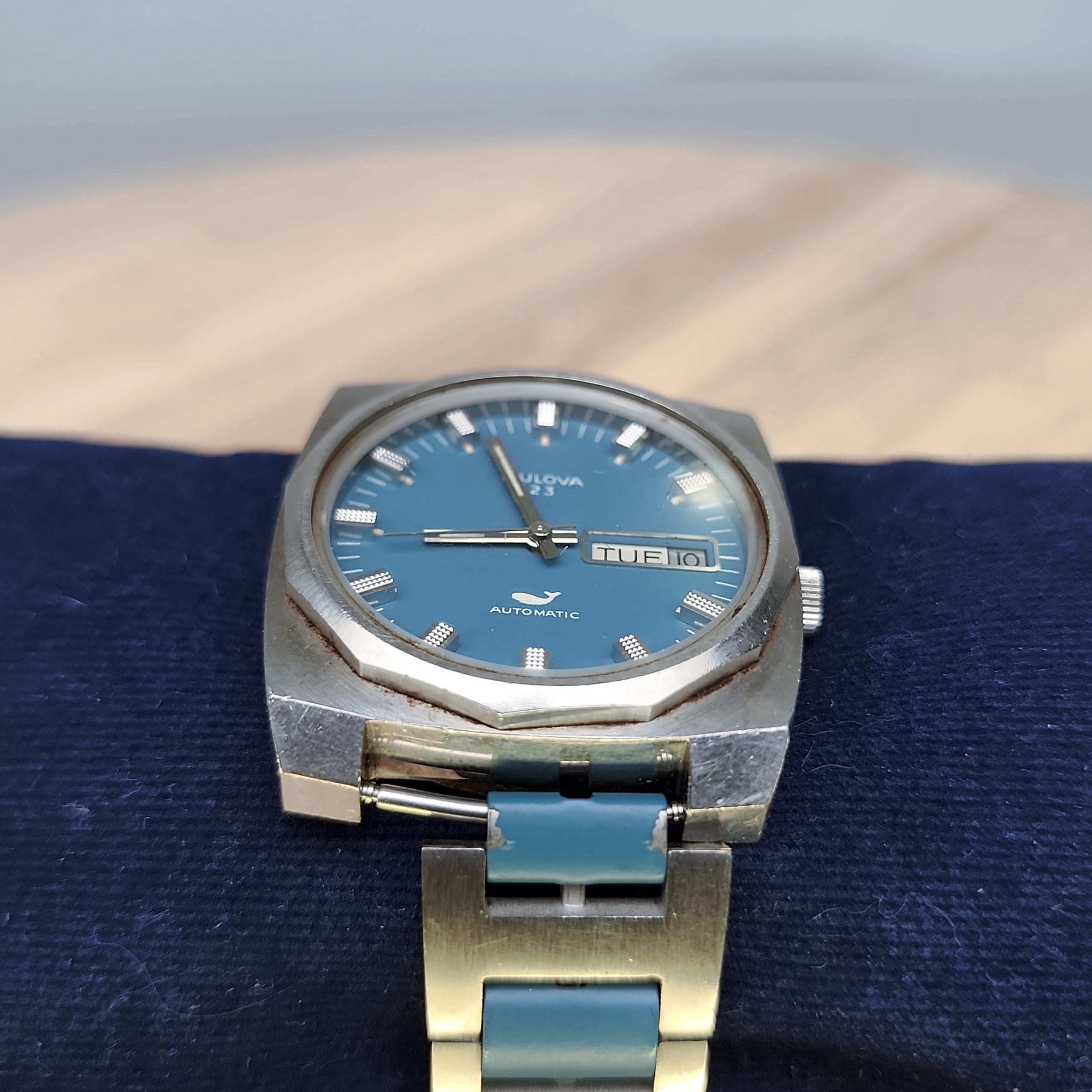 Bulova Whale 23J Automatic Day Date Mens Vintage Watch Swiss Blue 11A0ACB - Picture 10 of 10