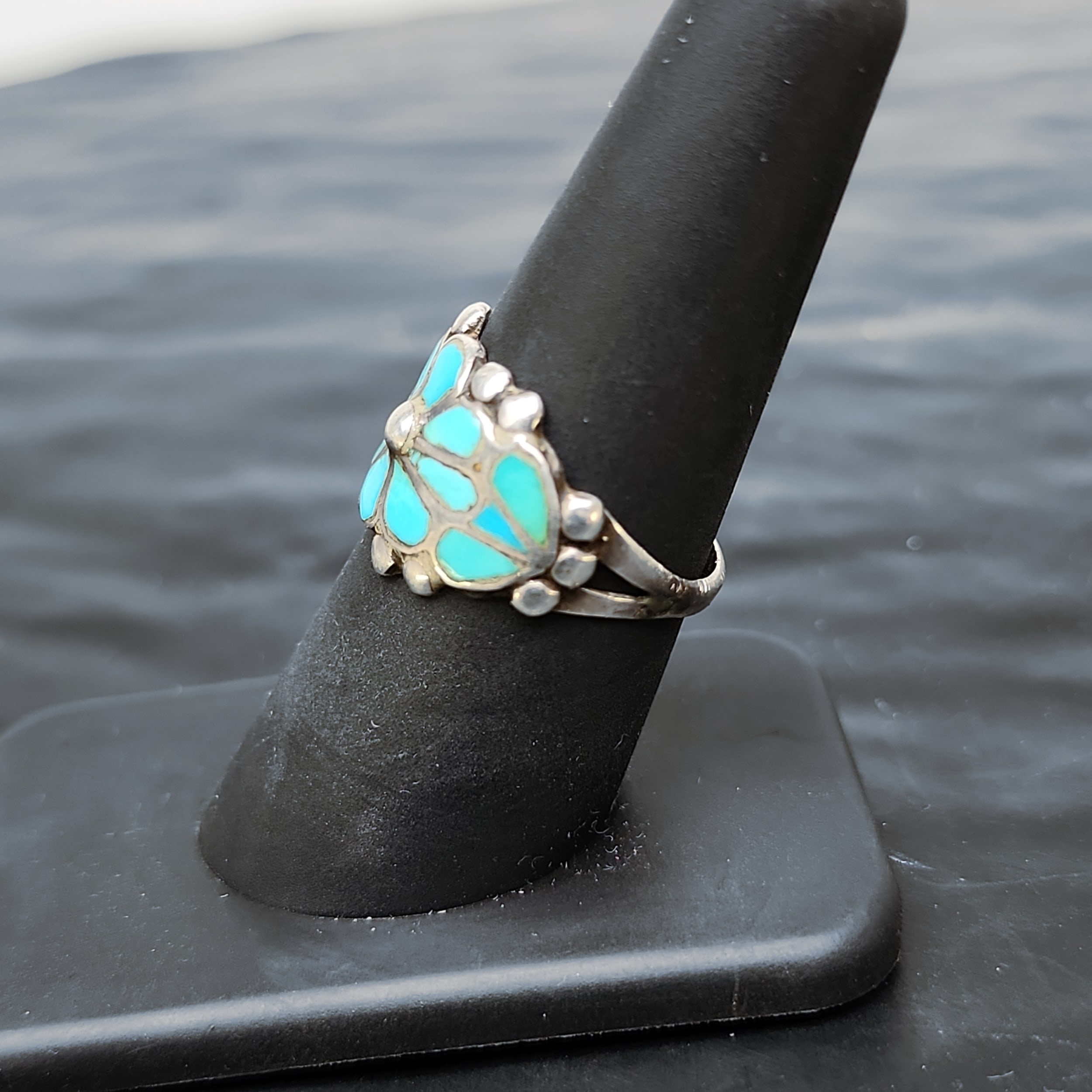 Vintage Zuni Turquoise Ring Silver Native Flower Inlay Cluster RL