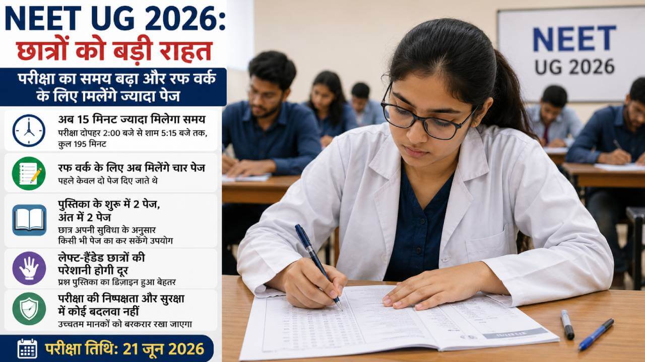 नीट यूजी 2026 एग्जाम : छात्रों को बड़ी राहत, परीक्षा का समय बढ़ा और रफ वर्क के लिए मिलेंगे ज्यादा पेज