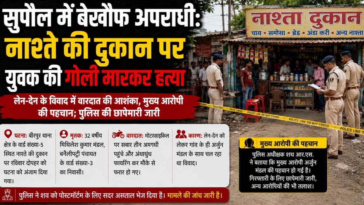 सुपौल में बेखौफ अपराधी: नाश्ते की दुकान पर युवक की गोली मारकर हत्या