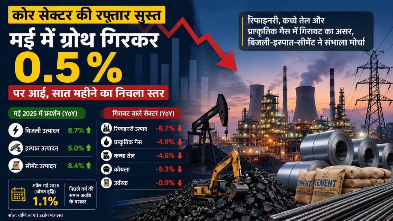 आठ प्रमुख उद्योगों की रफ्तार सुस्त: मई में ग्रोथ 0.5% पर फिसली, सात महीने के निचले स्तर पर पहुंचा उत्पादन