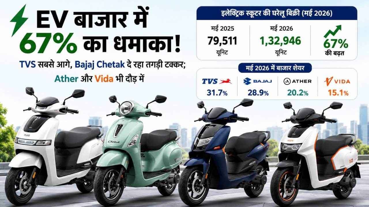 ईवी मार्केट में 67% का धमाका : टीवीएस बनी नंबर-1, बजाज चेतक ने बढ़ाई टेंशन; एथर और विदा भी दौड़ में