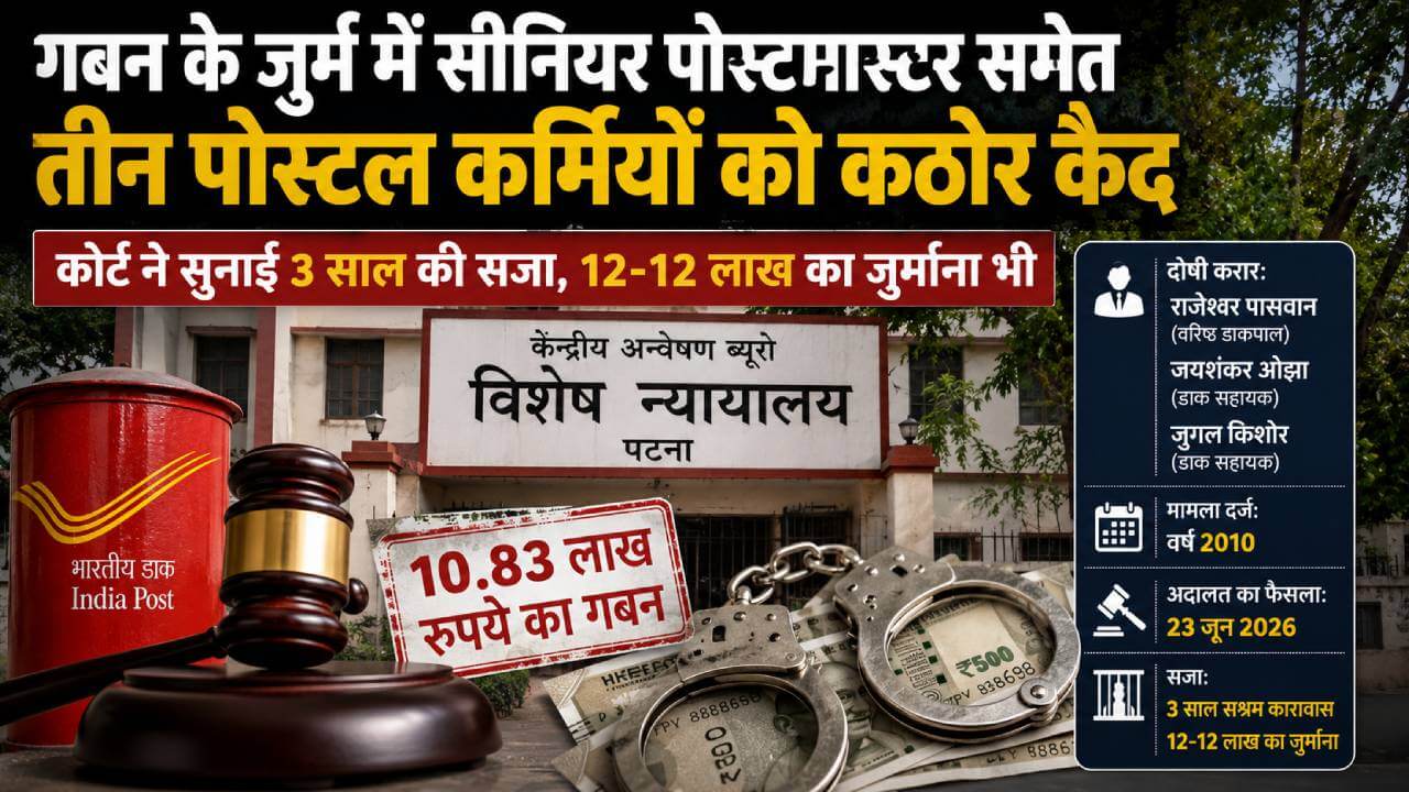 10 लाख के गबन में सीनियर पोस्टमास्टर समेत तीन डाककर्मी दोषी, अदालत ने सुनाई 3 साल की सजा