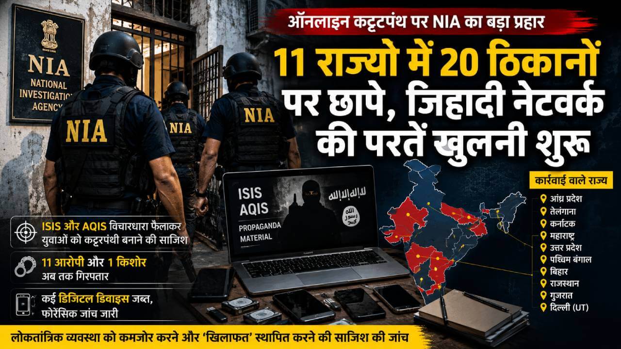 ऑनलाइन जिहादी नेटवर्क पर एनआईए की बड़ी चोट: 11 राज्यों में 20 ठिकानों पर एकसाथ रेड