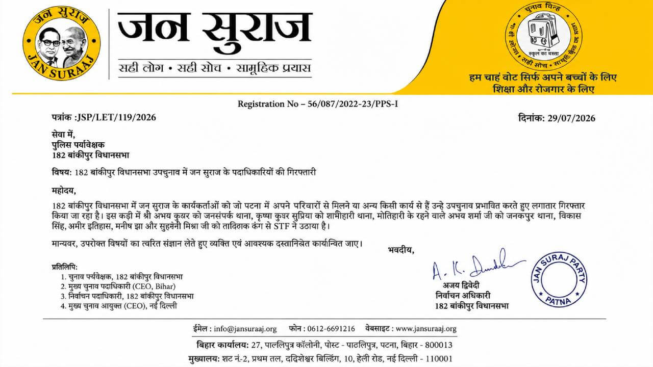 बांकीपुर उपचुनाव से पहले सियासी घमासान: पीके के खिलाफ शिकायत, जन सुराज के 20 नेता हिरासत में