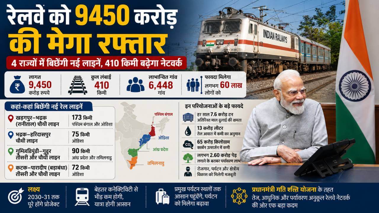 रेलवे को 9450 करोड़ की मेगा रफ्तार: 4 राज्यों में बिछेंगी नई लाइनें, 410 किमी बढ़ेगा नेटवर्क