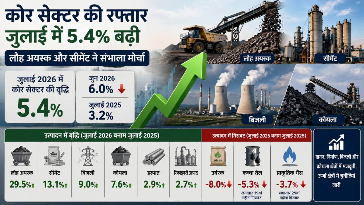 कोर सेक्टर की रफ्तार जुलाई में 5.4% बढ़ी, लौह अयस्क और सीमेंट ने संभाला मोर्चा