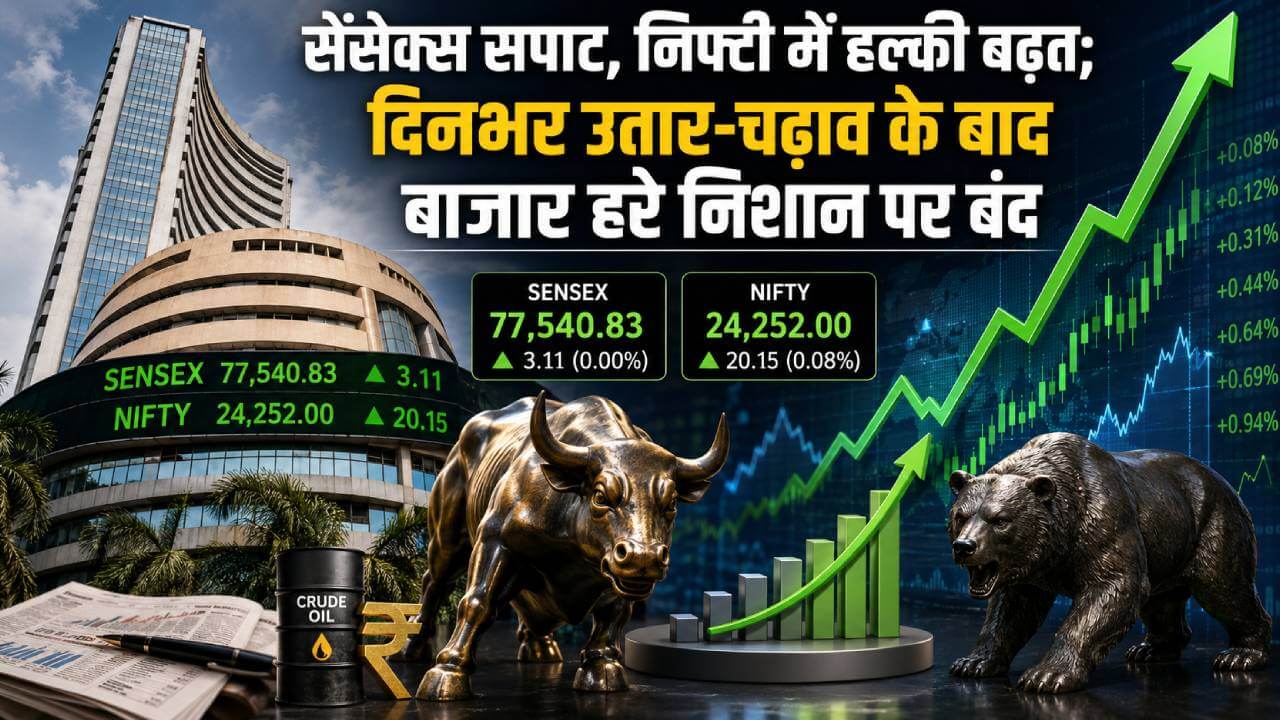 सेंसेक्स सपाट, निफ्टी में हल्की बढ़त; दिनभर उतार-चढ़ाव के बाद बाजार हरे निशान पर बंद