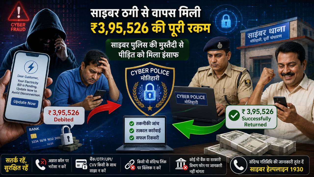 बिजली बिल अपडेट के नाम पर उड़ाए 3.95 लाख, साइबर पुलिस की मुस्तैदी से पीड़ित को मिली पूरी रकम वापस
