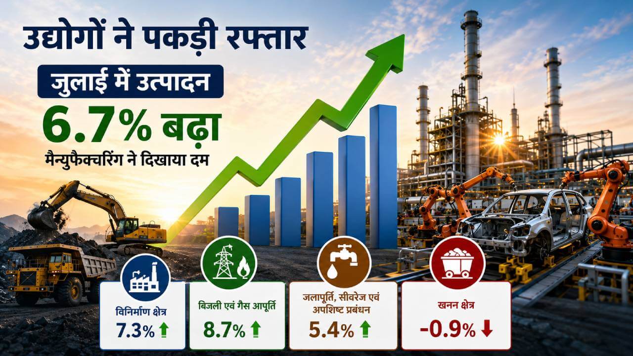 उद्योगों ने पकड़ी रफ्तार: जुलाई में उत्पादन 6.7% बढ़ा, मैन्युफैक्चरिंग ने दिखाया दम