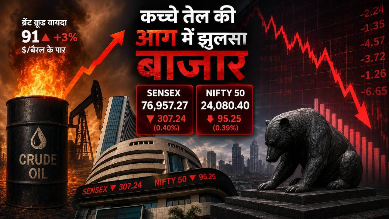 कच्चे तेल की आग में झुलसा बाजार: सेंसेक्स 307 अंक धड़ाम, निफ्टी भी टूटकर 24,080 पर आया