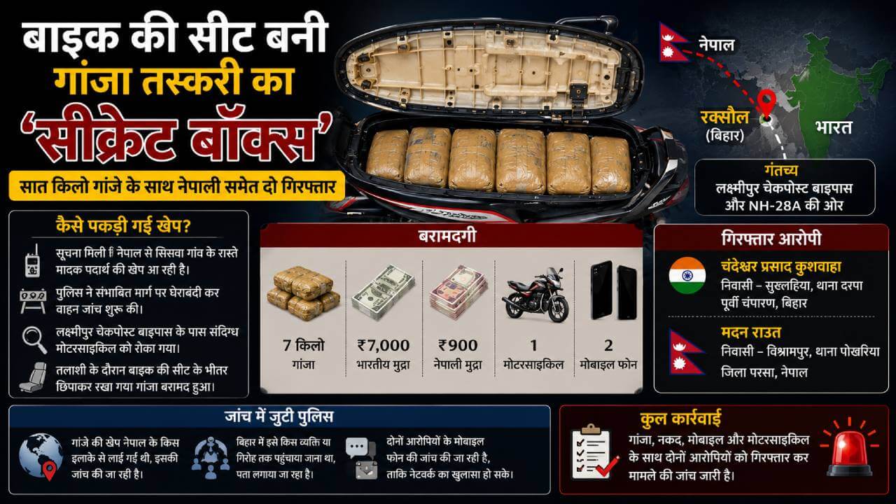 बाइक की सीट बनी गांजा तस्करी का ‘सीक्रेट बॉक्स’, सात किलो गांजे के साथ नेपाली समेत दो गिरफ्तार