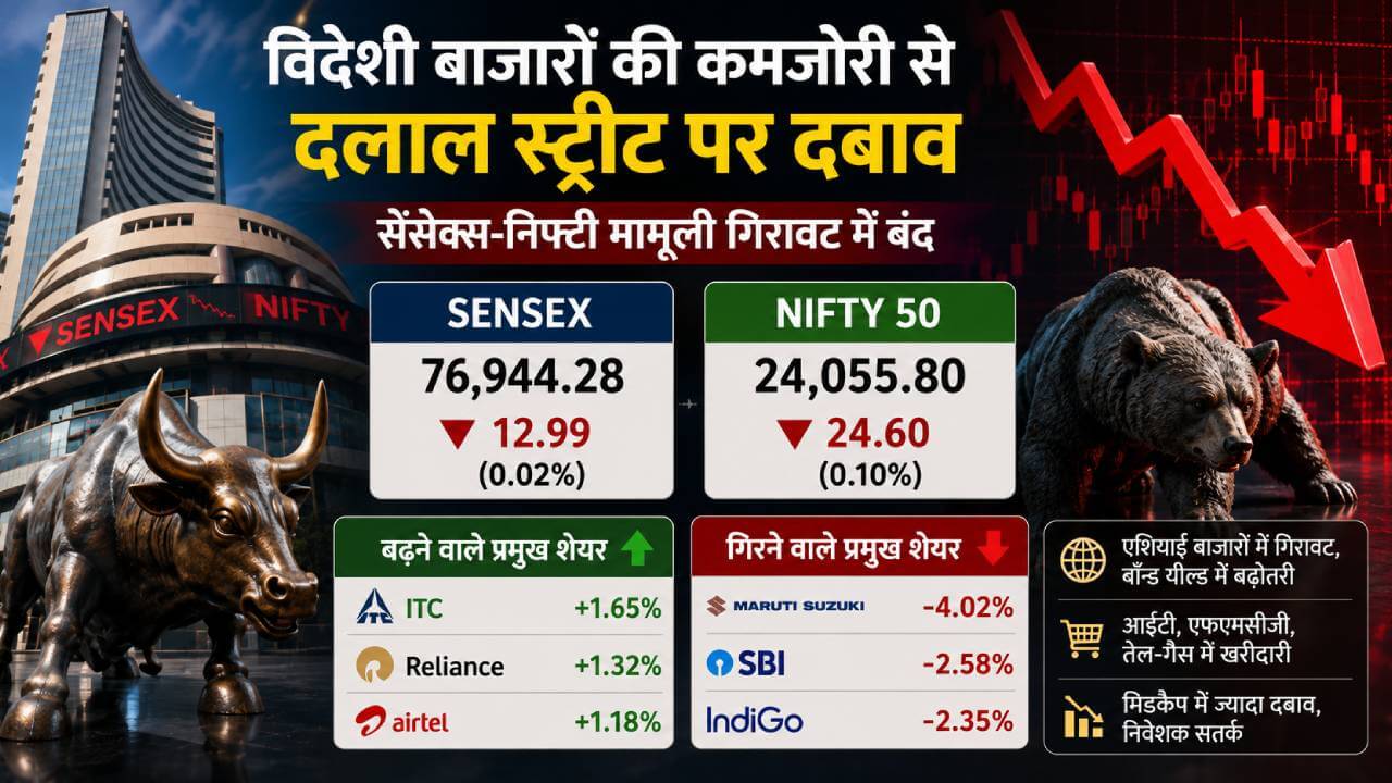 विदेशी बाजारों की कमजोरी से दलाल स्ट्रीट पर दबाव, सेंसेक्स-निफ्टी मामूली गिरावट में बंद