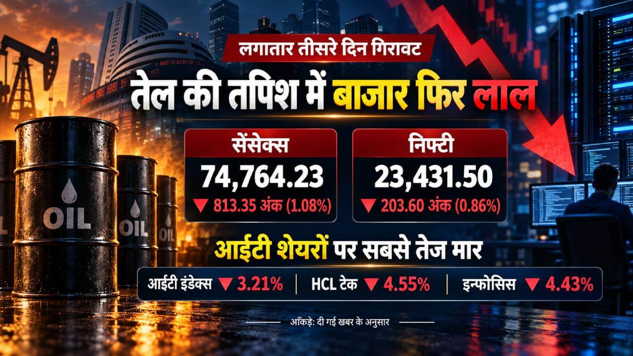तेल की तपिश में बाजार फिर लाल: सेंसेक्स 813 अंक लुढ़का, आईटी शेयरों पर सबसे तेज मार