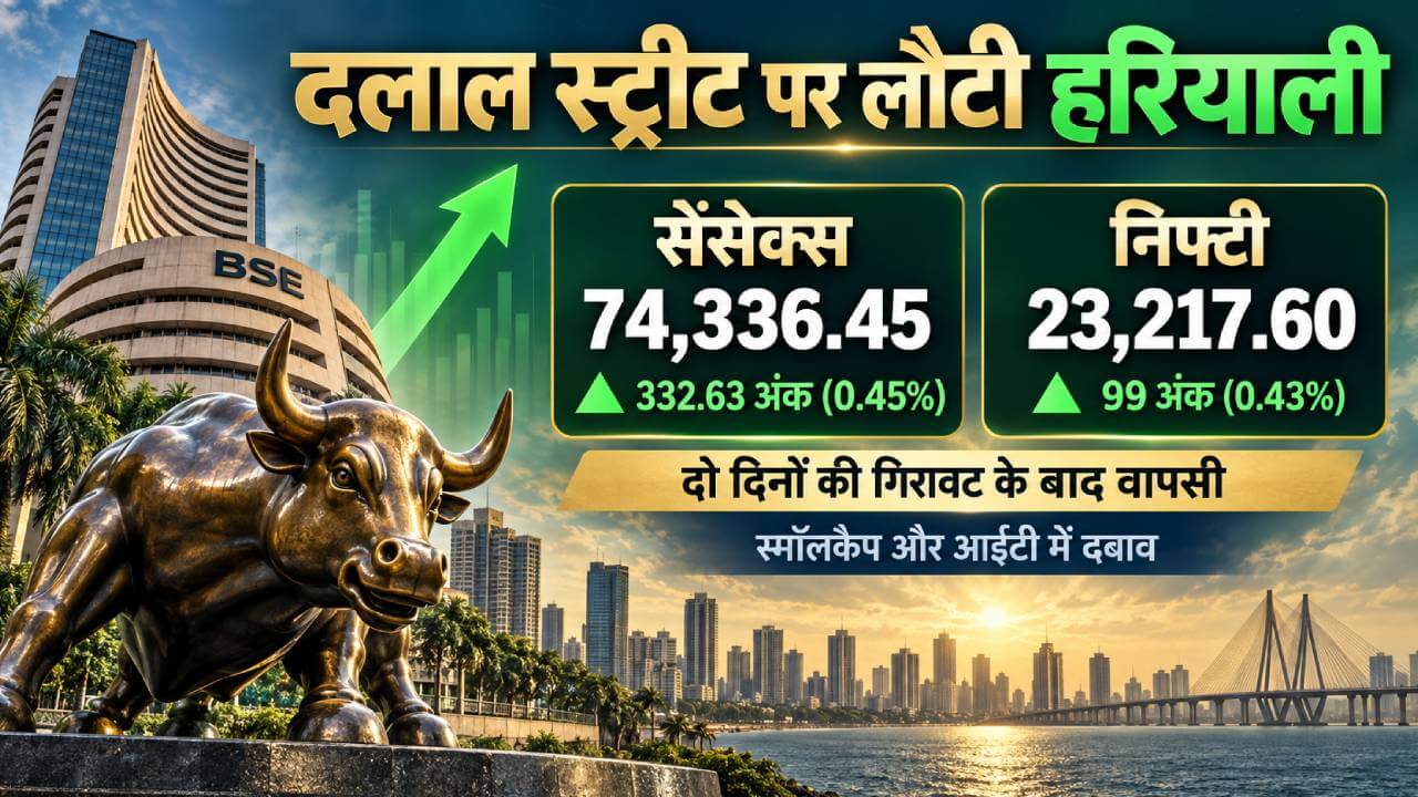 दलाल स्ट्रीट पर लौटी हरियाली: सेंसेक्स 333 अंक उछला, निफ्टी 23,200 के पार
