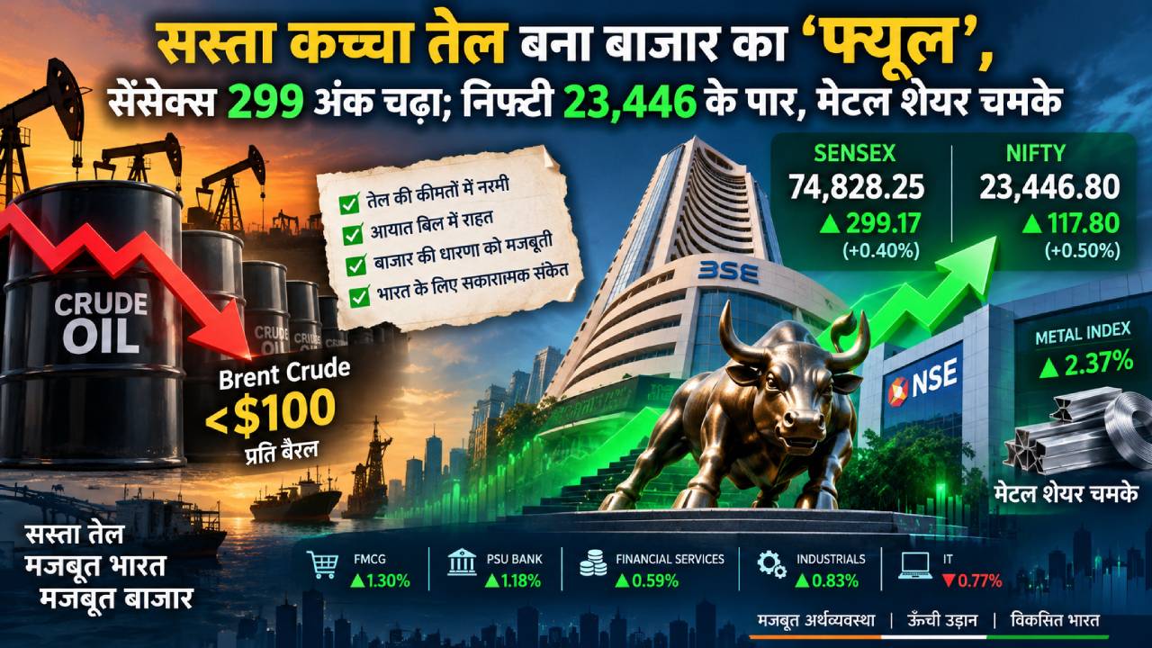 सस्ता कच्चा तेल बना बाजार का ‘फ्यूल’, सेंसेक्स 299 अंक चढ़ा; निफ्टी 23,446 के पार