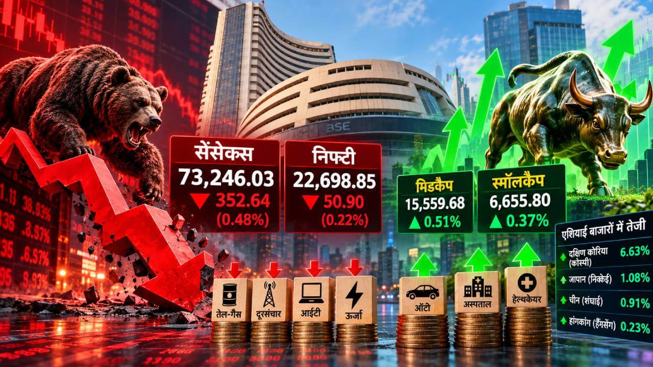 शेयर बाजार में बिकवाली का जोर, सेंसेक्स 353 अंक टूटा; मिडकैप-स्मॉलकैप में तेजी