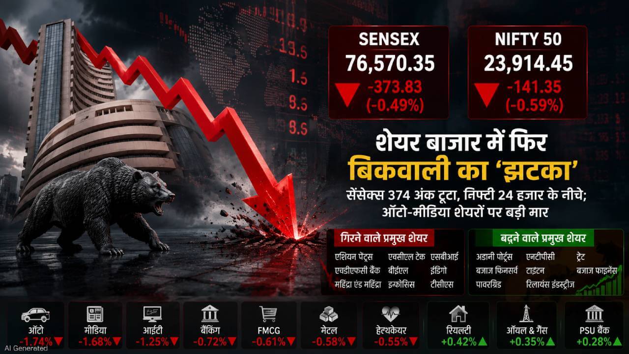 शेयर बाजार में फिर बिकवाली का ‘झटका’: सेंसेक्स 374 अंक टूटा, निफ्टी 24 हजार के नीचे; ऑटो-मीडिया शेयरों पर बड़ी मार