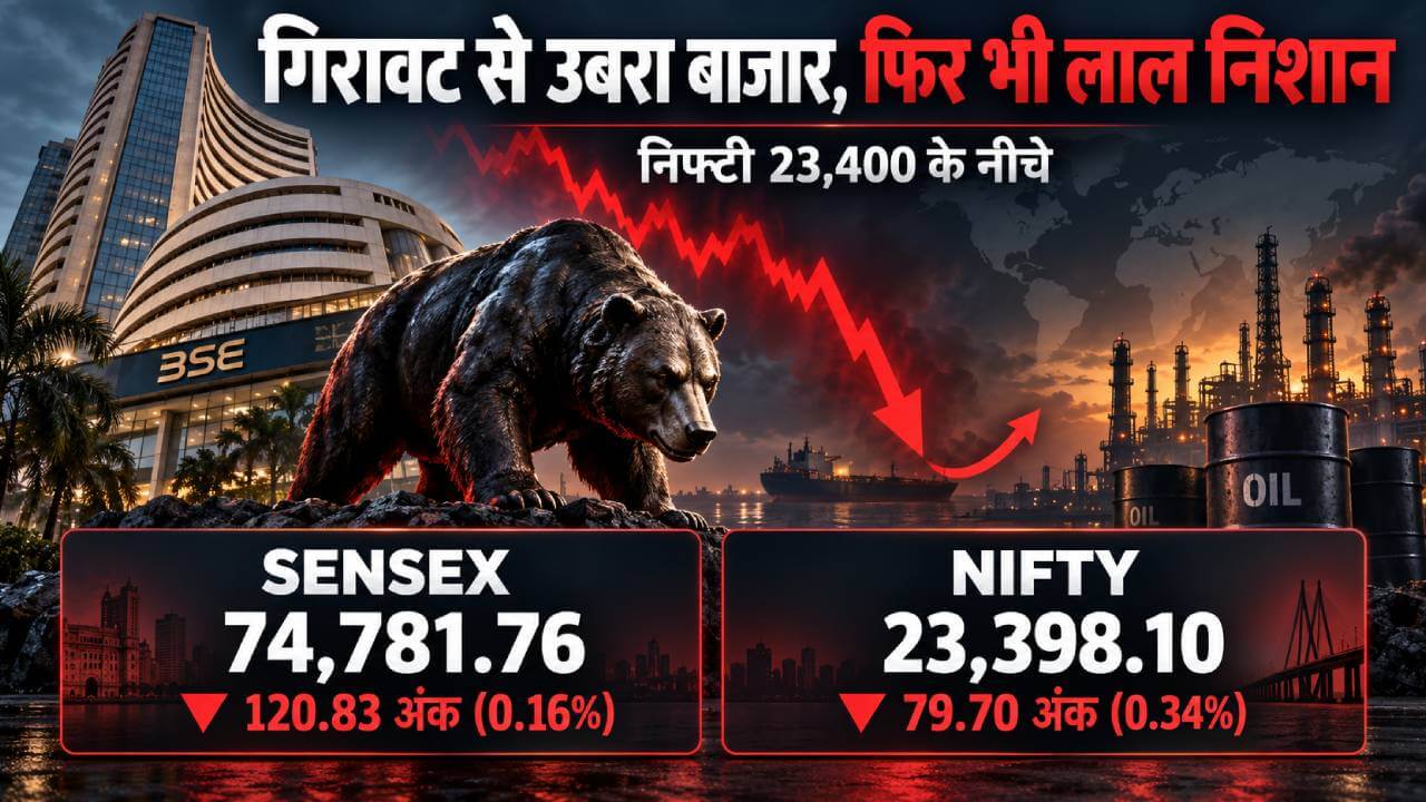 742 अंक की गिरावट से संभला सेंसेक्स, फिर भी लाल निशान में बंद; निफ्टी 23,400 के नीचे