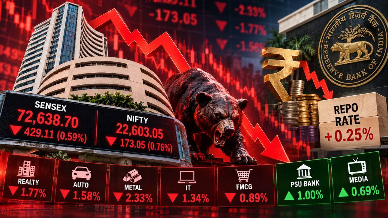 दो दिन की तेजी पर ब्रेक, सेंसेक्स 429 अंक फिसला; निफ्टी 22,603 पर