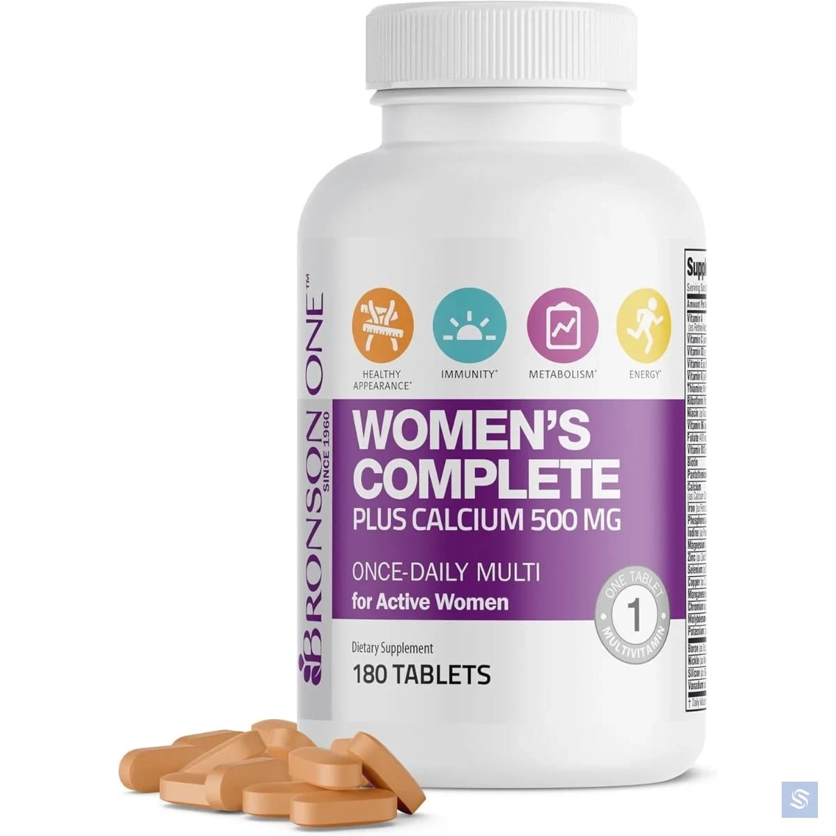 برونسون Women's Complete Plus Calcium، فيتامينات ومعادن للنساء مع الكالسيوم لتقوية العظام، أقراص - 180 قرص