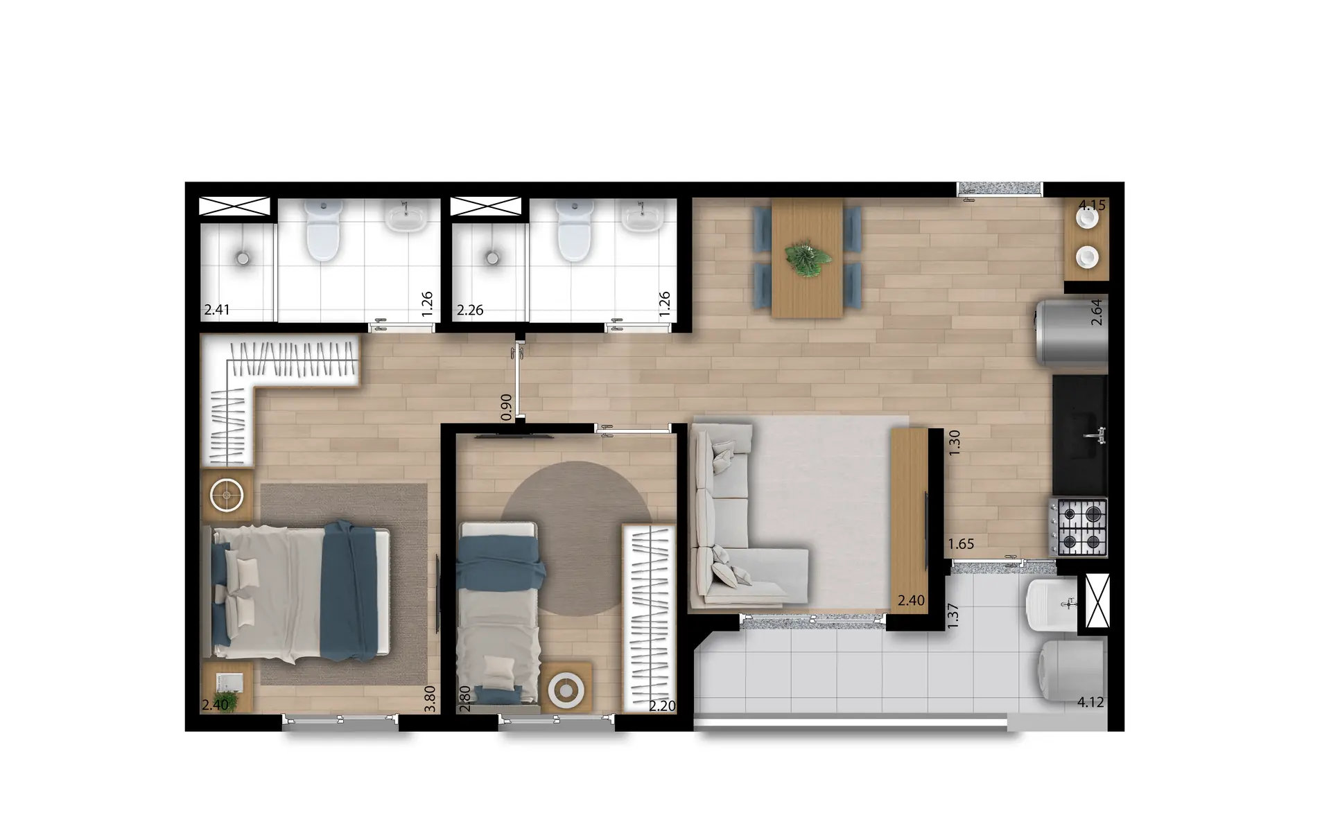 Planta 2 dorms. (sendo 1 suíte) e terraço