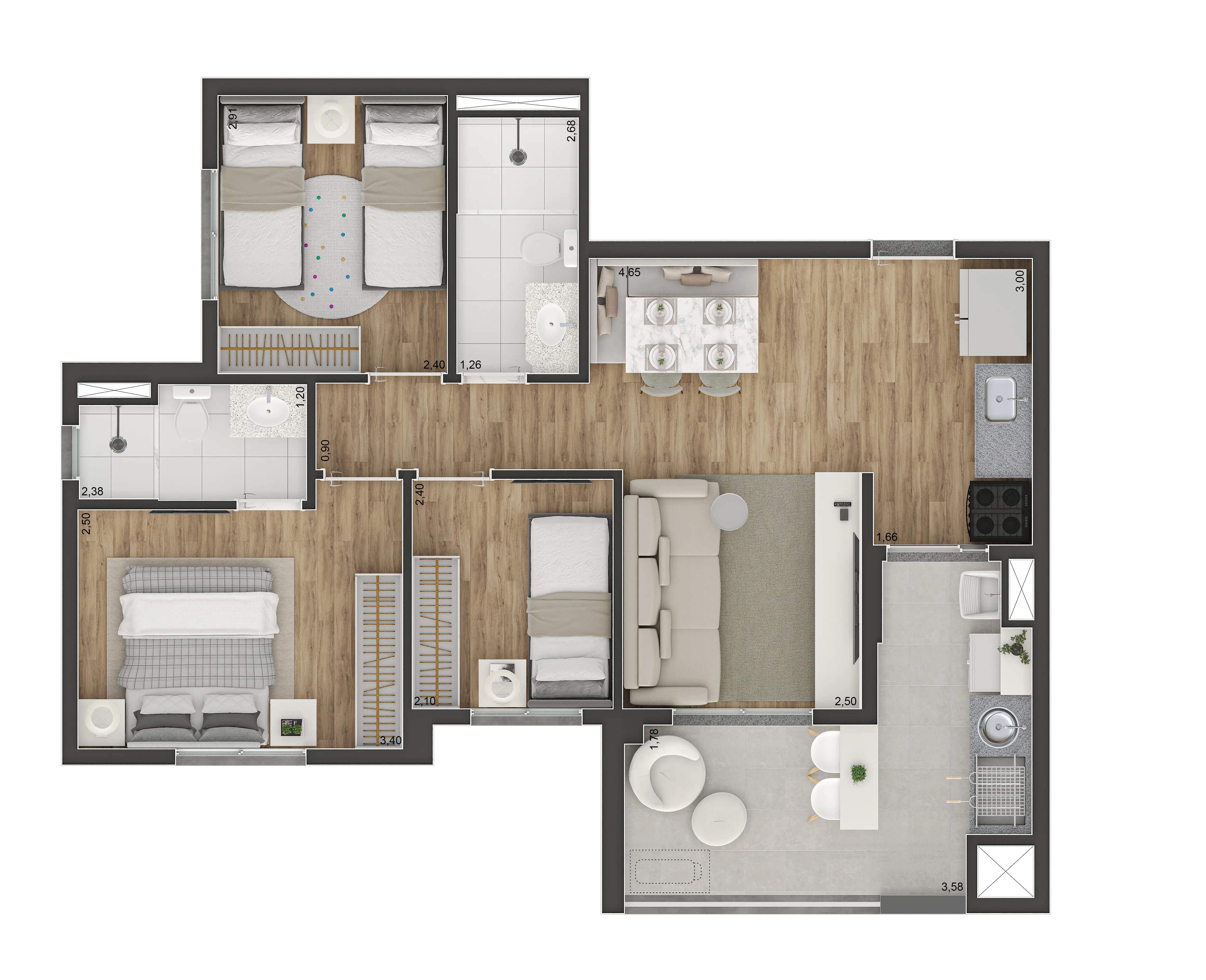 Planta 3 dorms (1 suíte)