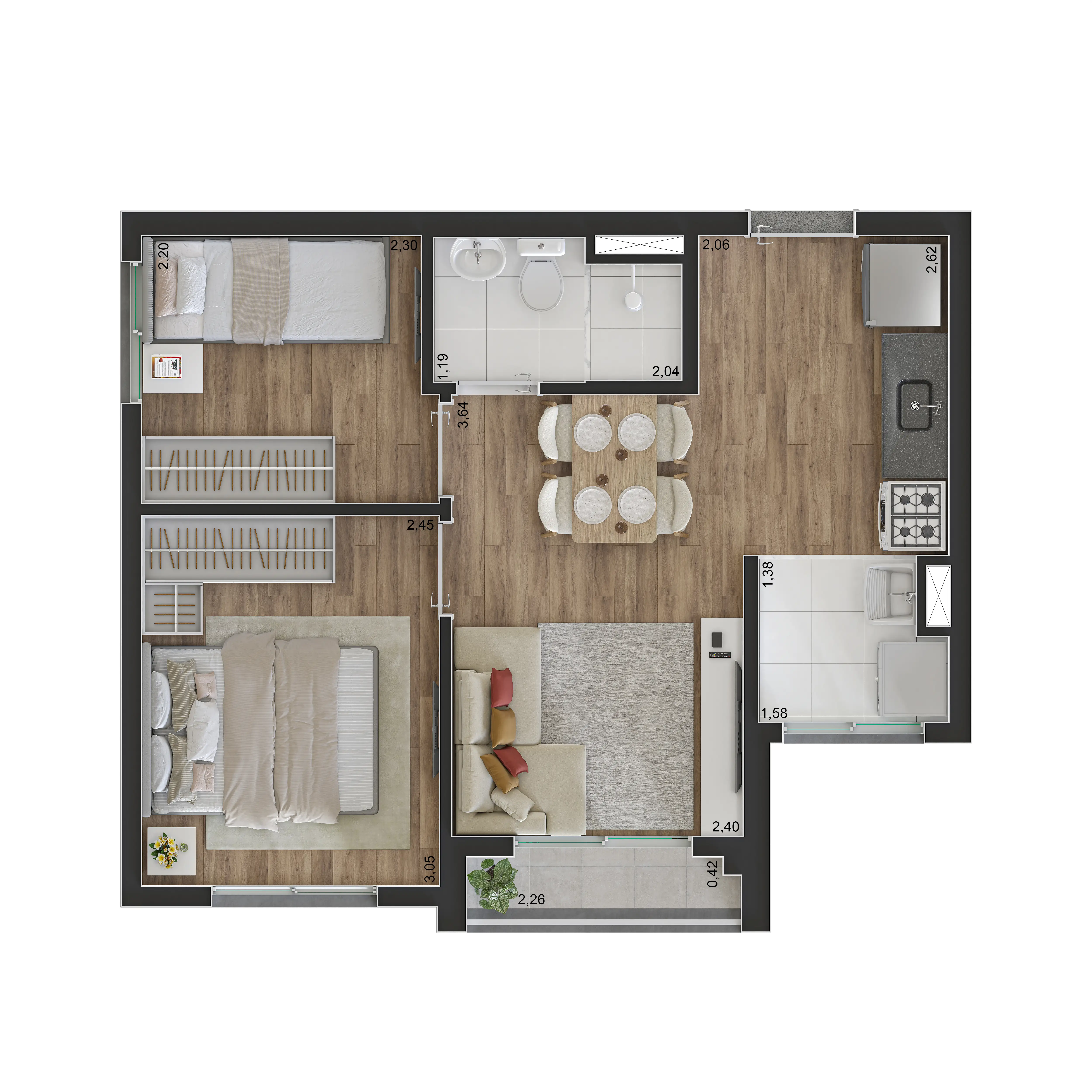 Planta 2 dorms com terraço
