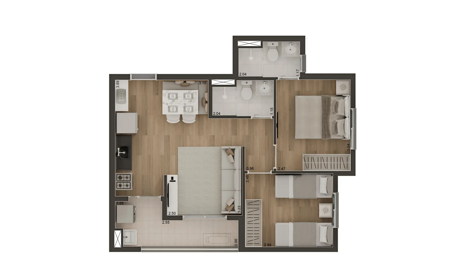 Planta 2 dorms (1 suíte) com terraço
