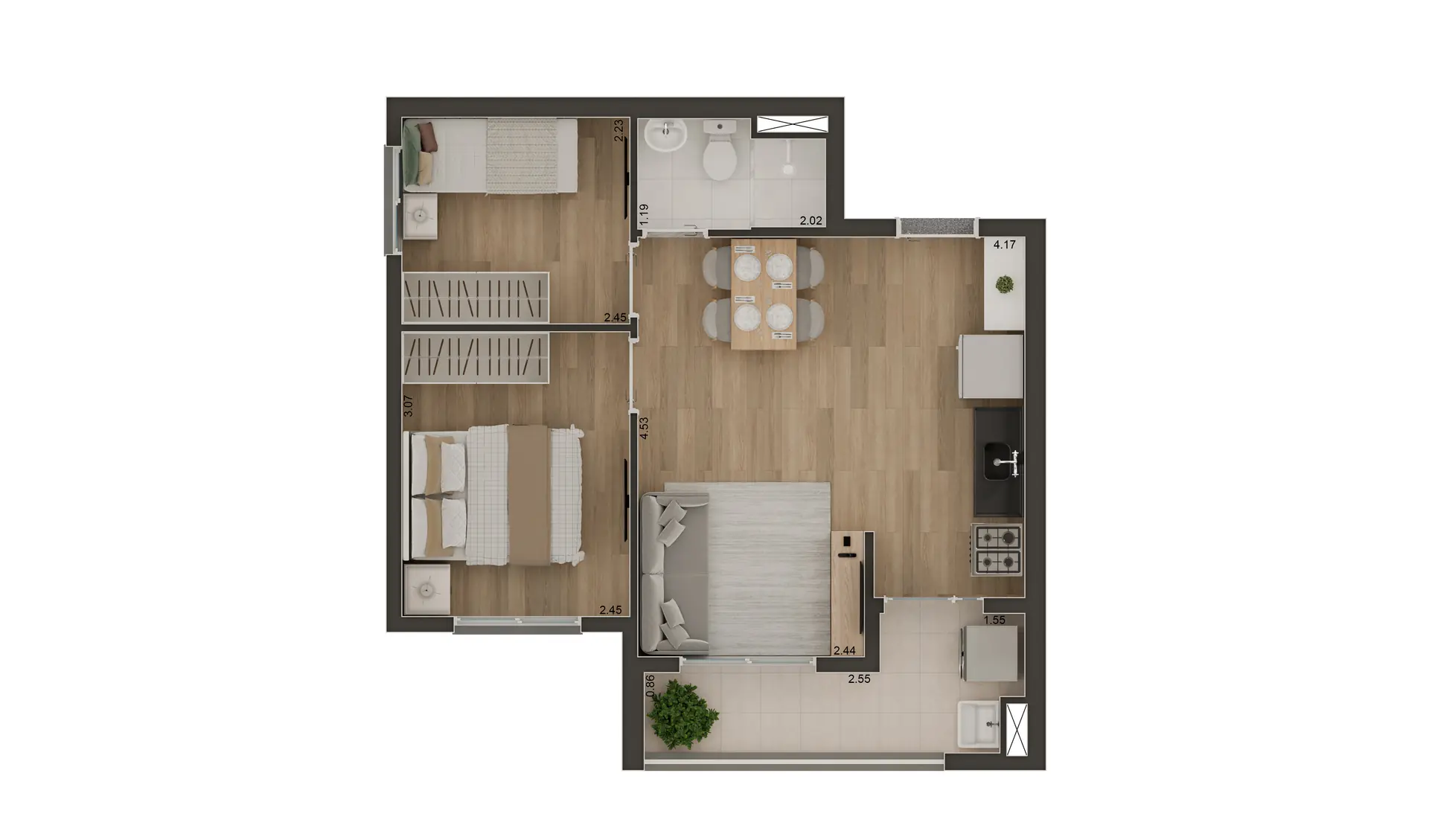 Planta 2 dorms com terraço