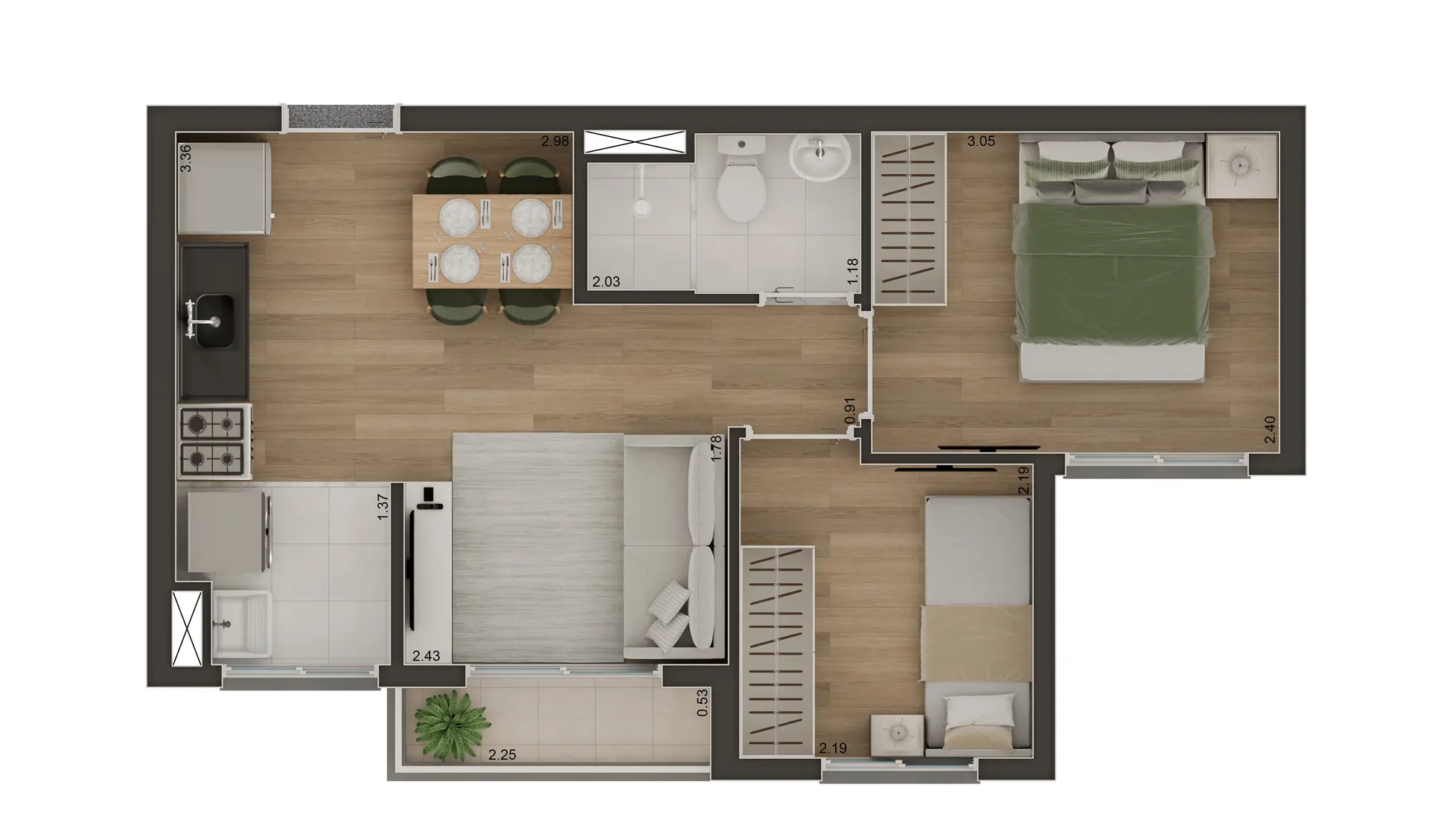 Planta 2 dorms com terraço