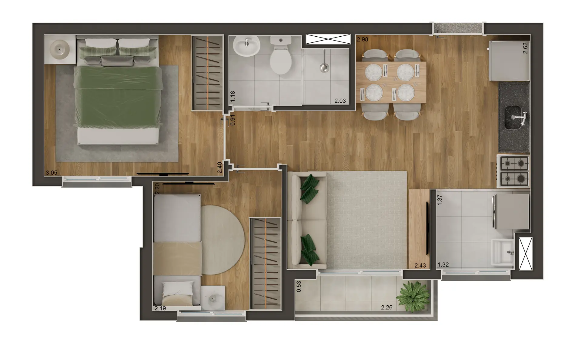 Planta Tipo C - 2 dorms com terraço