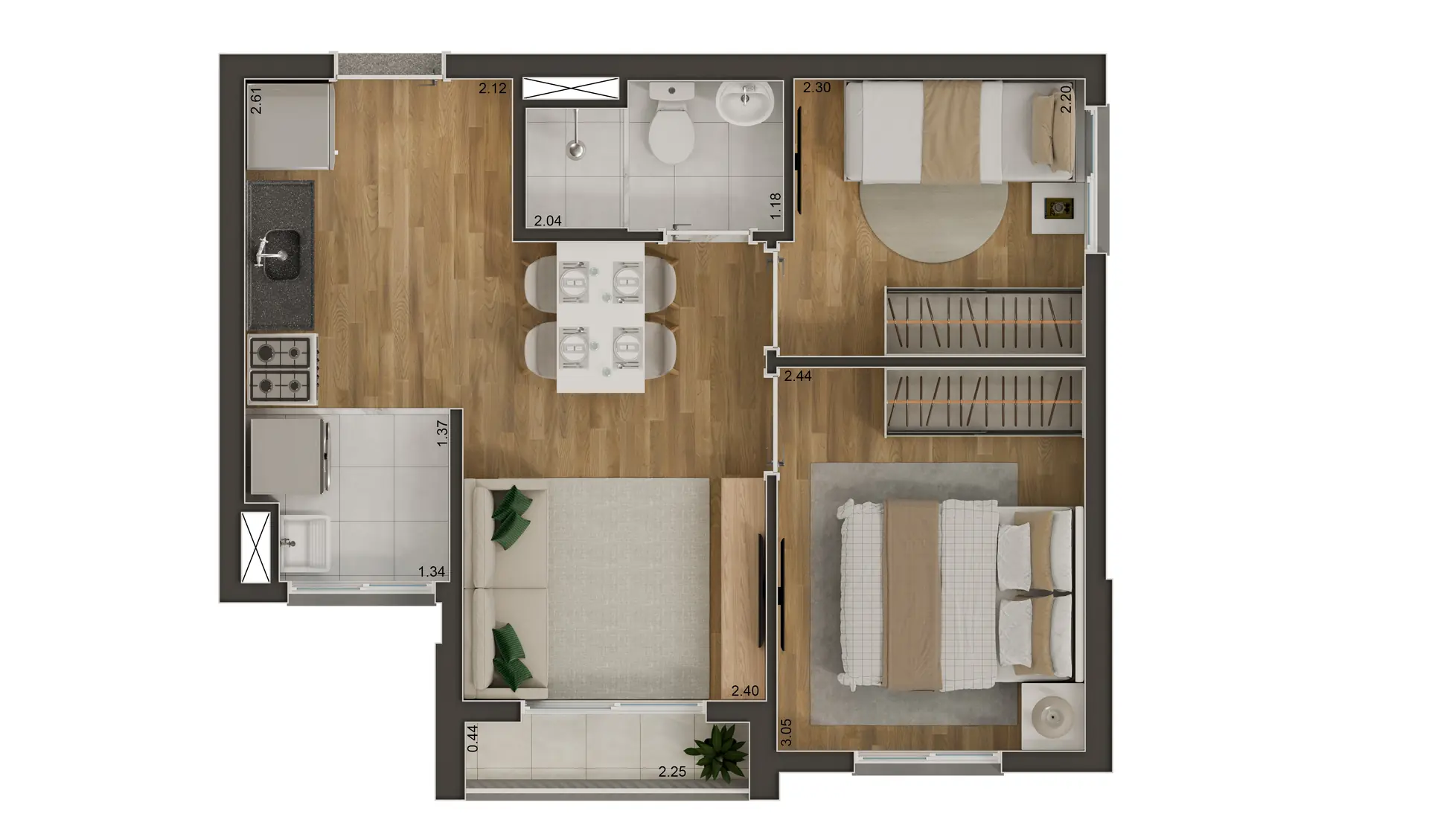 Planta Tipo B - 2 dorms com terraço