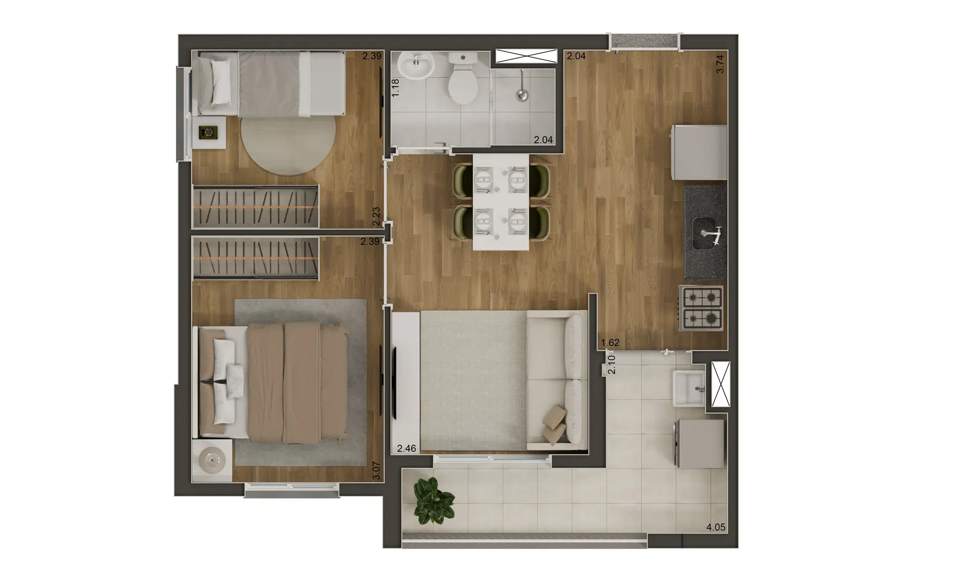 Planta Tipo A - 2 dorms com terraço